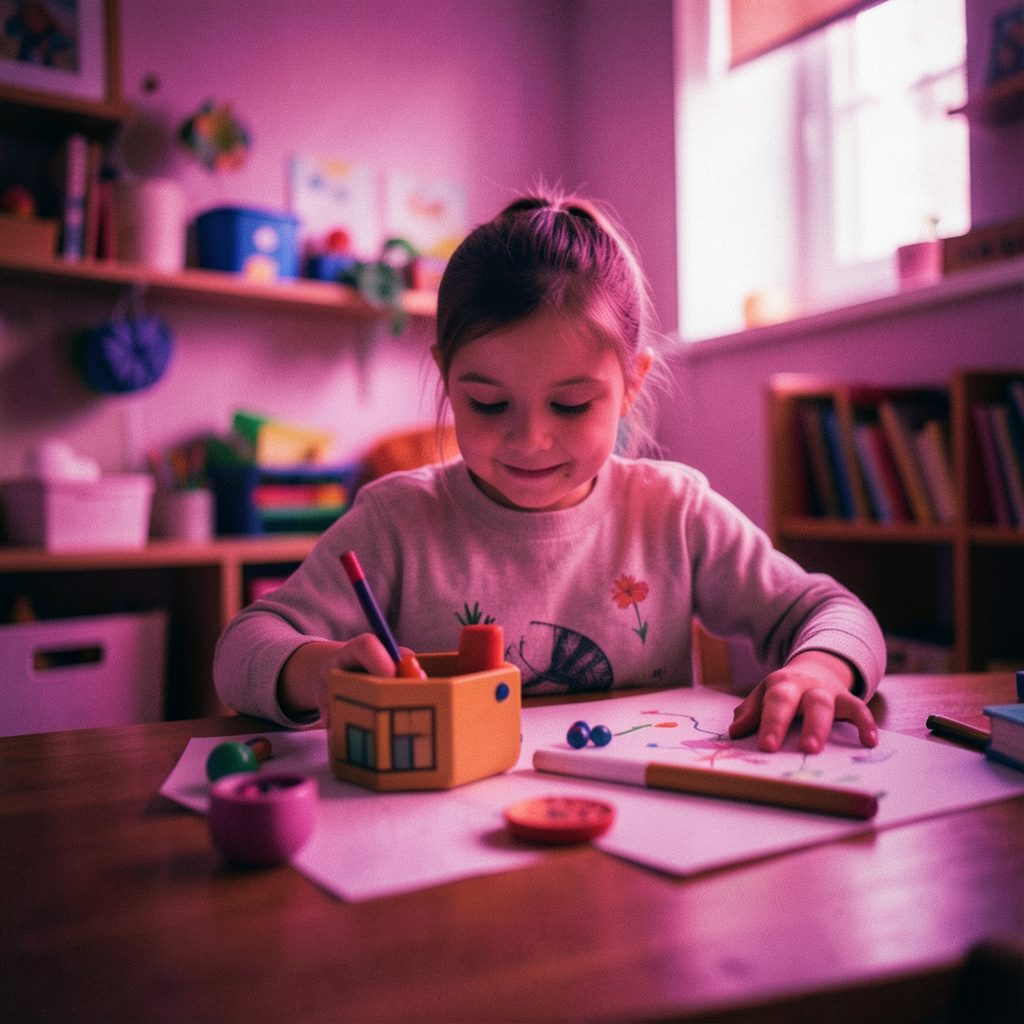 Soft warm cream background with a shallow wooden shelf holding a few pastel-colored children's books, gentle natural light, scholarly and calm.