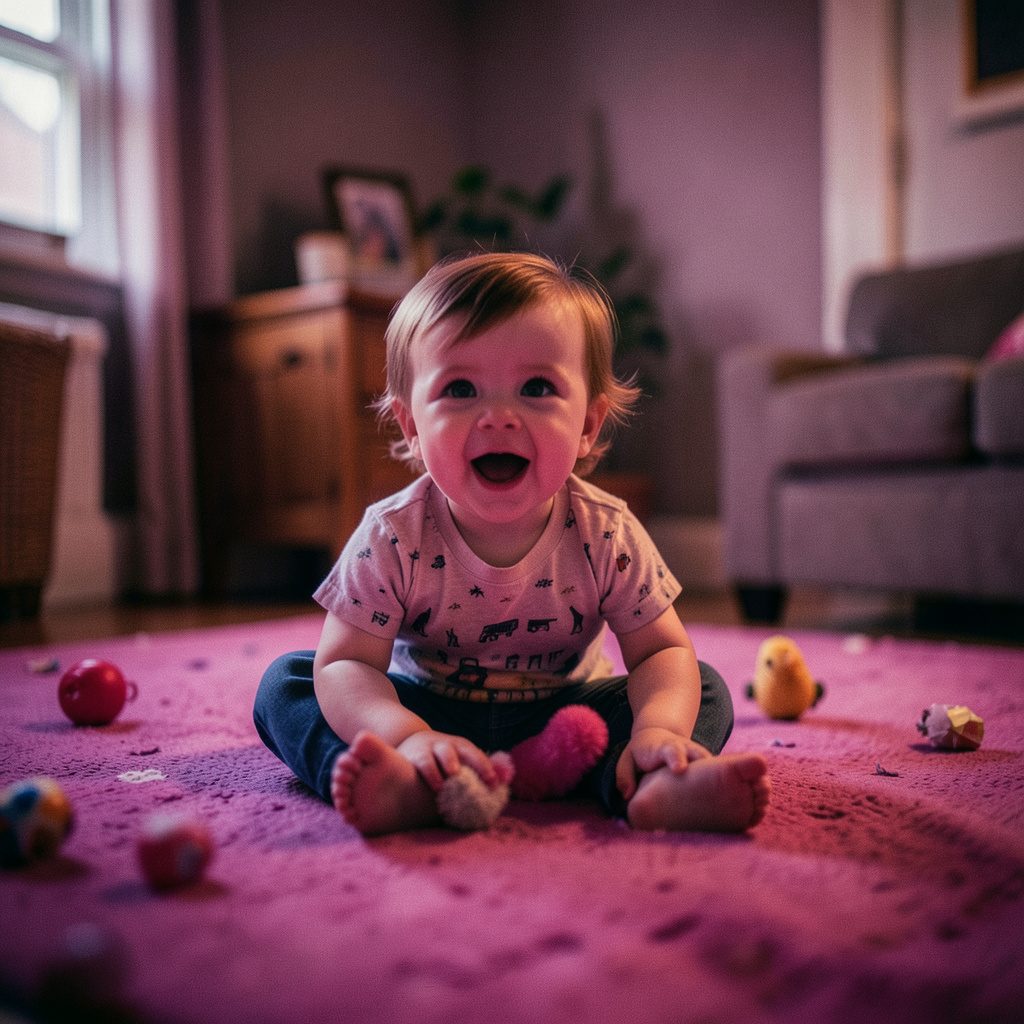 Softly lit playroom corner with pastel toys, wooden blocks, and a parent and toddler silhouetted in warm natural light, shallow depth of field