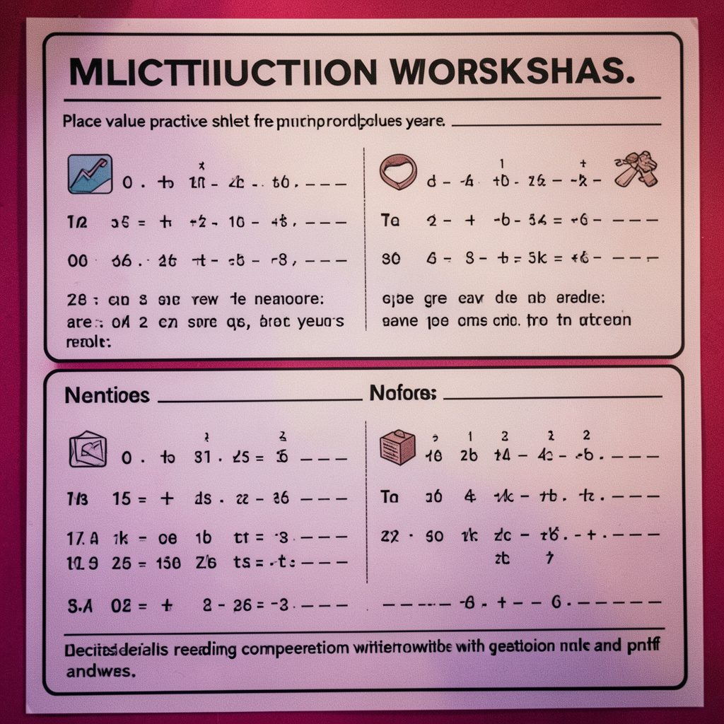A wide tabletop spread of colorful children's math worksheets with crayons and pencils, soft morning light, pastel tones of pink, yellow, and sky blue.