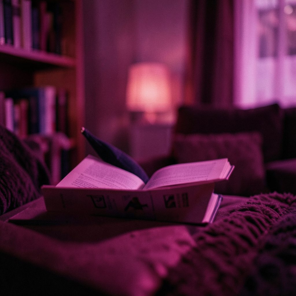 Soft warm light on an open picture book resting on a pale wooden table, pastel pages, shallow depth of field, gentle and inviting atmosphere