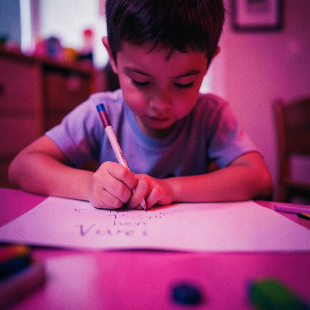 Close-up of a child's hand tracing a large alphabet letter on a sheet of paper, warm cream background, soft natural light, calm focus