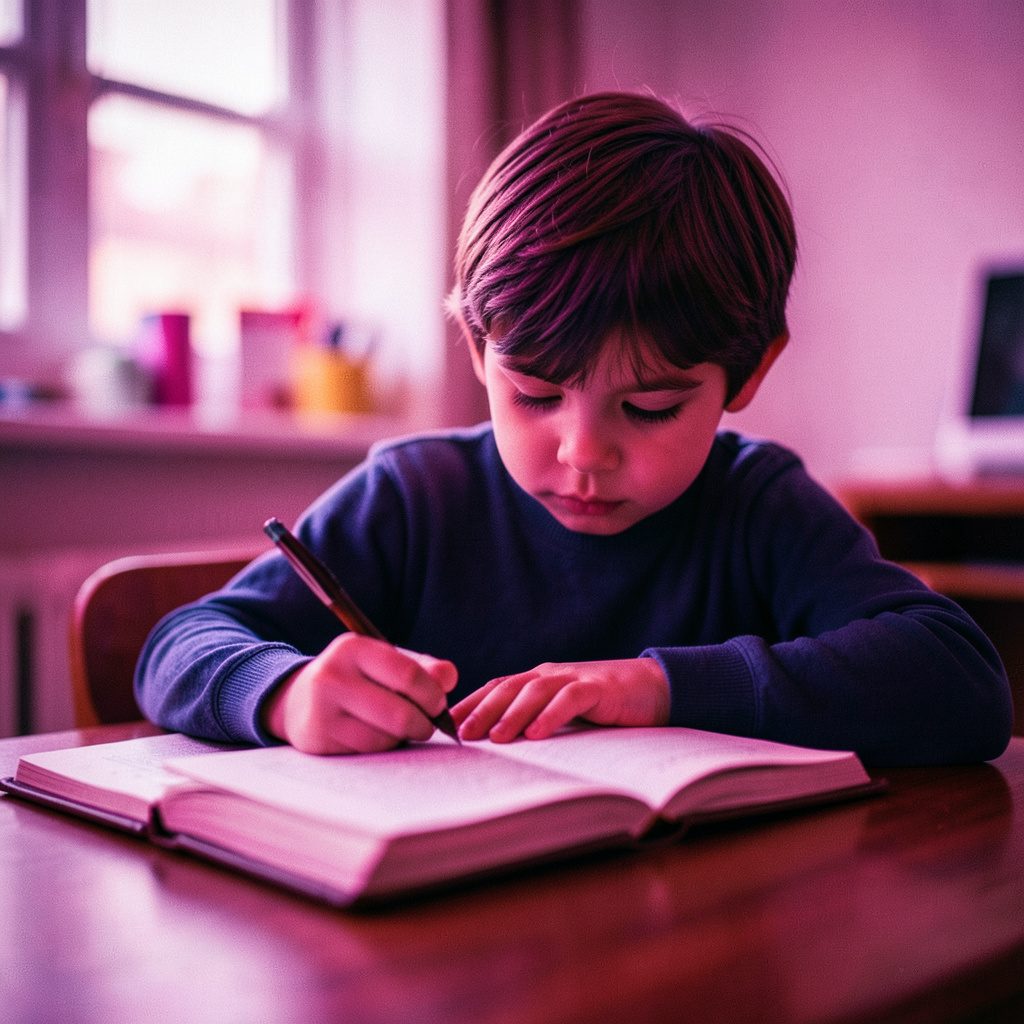 A wide cinematic frame of a child seated at a sunlit wooden desk with paper and pencils, warm amber and soft brown tones, gentle bokeh in the background, calm and encouraging mood.