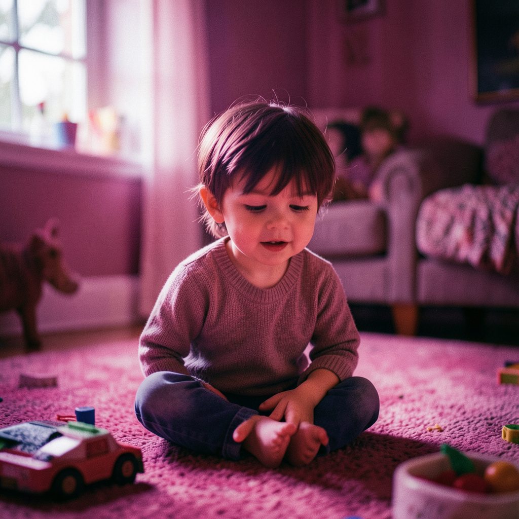 Soft-focus pastel scene of wooden building blocks, a stuffed animal, and crayons scattered on a light rug, warm natural daylight, calm and playful mood